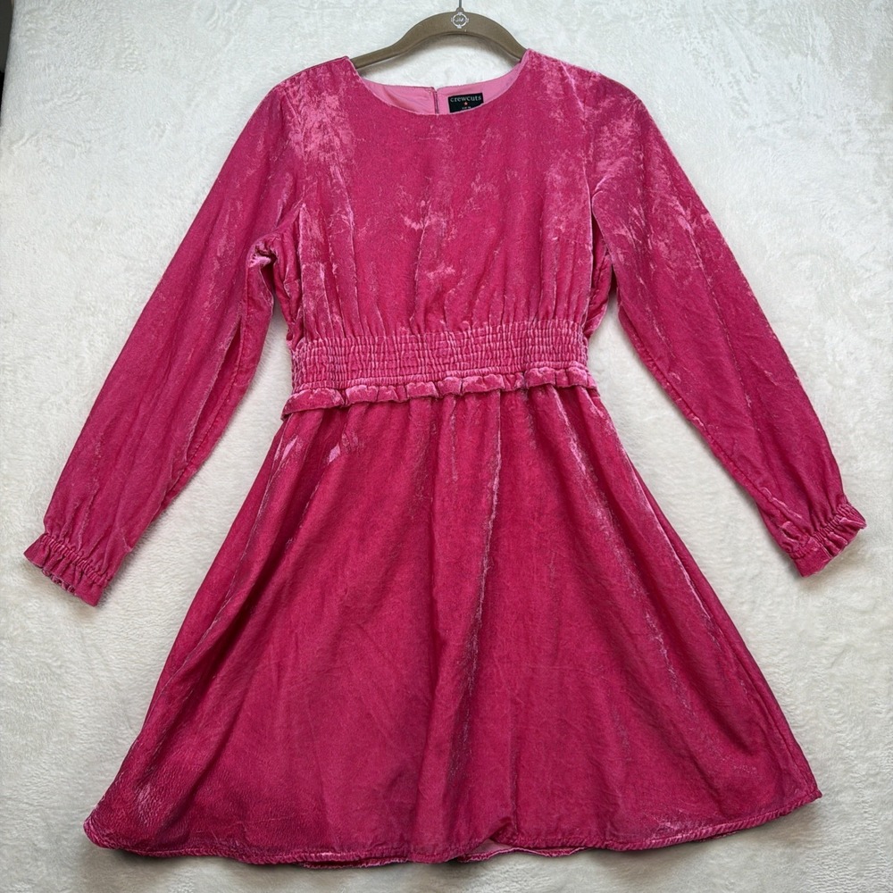 Crewcuts Girls Velvet Dress Pink Long Sleeve Smocked Holiday Party Size 14